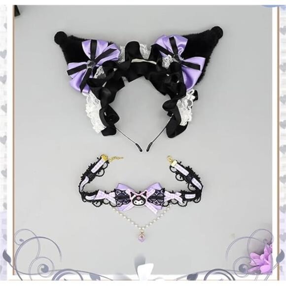 Halloween Soft Faux Fur Plush Fox Ears & Ribbon Bows Headband for Cartoon Kuromi - Picture 4 of 6